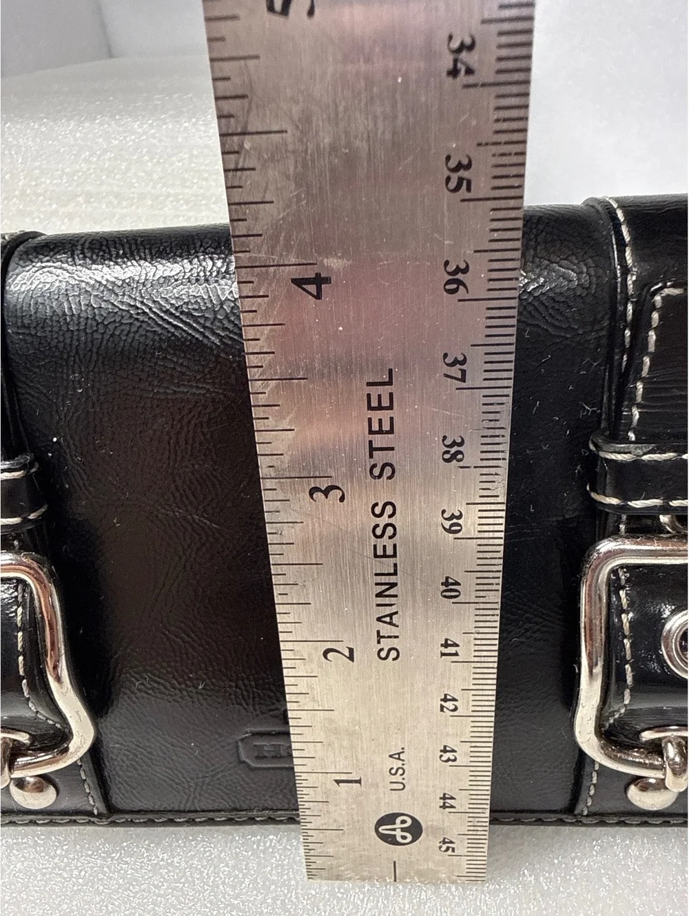Coach Black Patent Leather Zip Around Wallet Buckle Accent Purple Interior